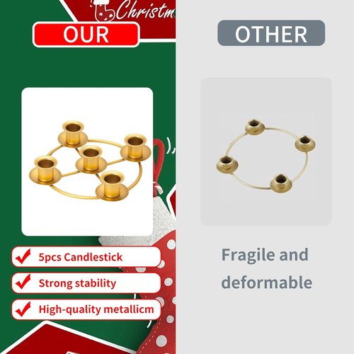Advent Wreath Candle Holder Set - 5 Gold Taper Candles with Decorative Ring for Christmas Home Decor