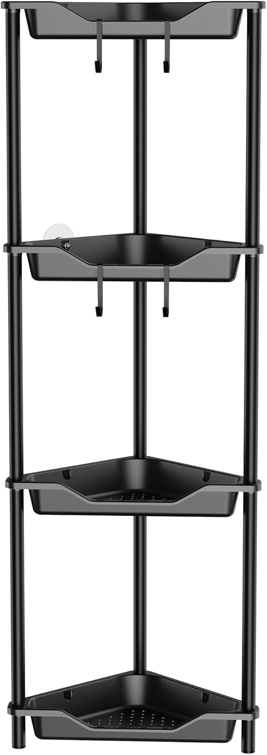 Orimade Rustproof 4-Tier Corner Shower Caddy Organizer - Durable Plastic & Metal, Black | 10.8 x 10.8 x 44.6 Inches