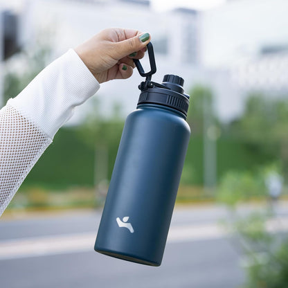 Skiennix 22oz Stainless Steel Water Bottle - Insulated with 3 Lids | Navy Blue