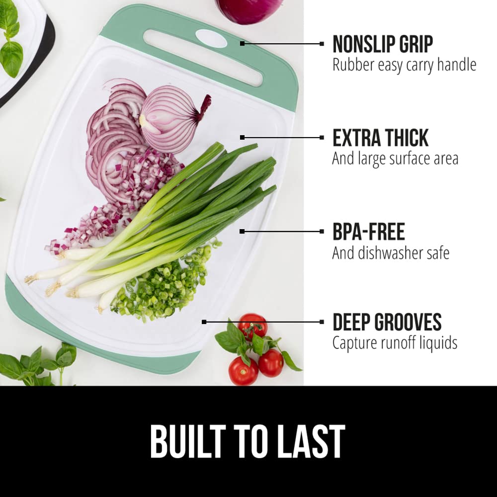 The Original Gorilla Grip Oversized 100% BPA Free Reversible Durable Kitchen Cutting Board Set of 3, Juice Grooves, Dishwasher Safe, Easy Grip Handle Border, Chopping Boards, Cooking, Gray Mint Pink