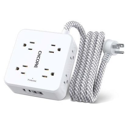 Surge Protector Power Strip - CHCORE 6Ft Braided Extension Cord with 8 Outlets with 4 USB (2 USB C) Charging Ports, Flat Plug Multi Plug Outlet Extender Charging Station for Home Office, ETL, White
