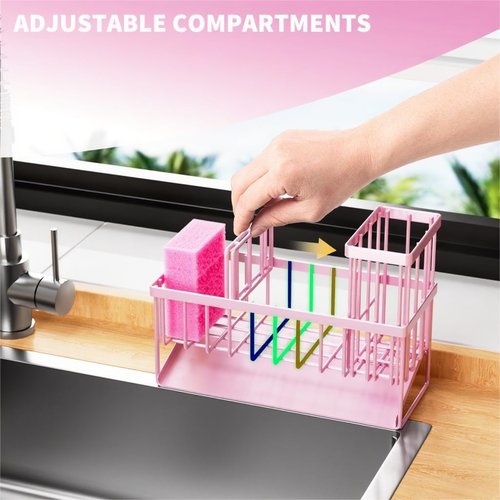 Cisily Pink Kitchen Sink Caddy Organizer - Rustproof 304 Stainless Steel with Brush & Sponge Holder