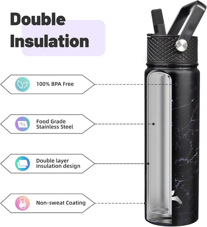 Skiennix 22oz Stainless Steel Water Bottle - Insulated with 3 Lids | Marble Midnight Finish