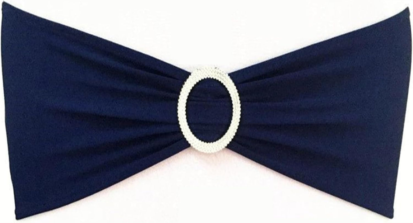 Skiennix 50 Pack Navy Blue Stretch Spandex Chair Sashes - Elastic Bows with Slider Buckles for Weddings & Events