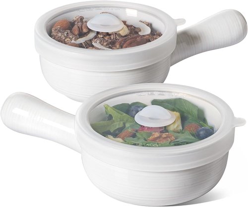 LE TAUCI Soup Bowls - 15 Oz Non-Toxic Ceramic Crocks with Handles & Silicone Lids | Set of 2, White
