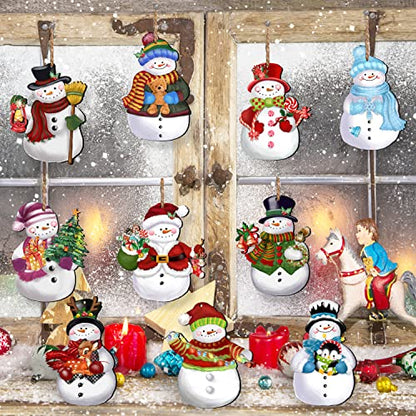 24 Pieces Christmas Snowman Wooden Ornaments Set - Holiday Hanging Decor with Hemp Rope - Xmas Crafts & Tree Decorations - Variation of Xmas-Snowman-A
