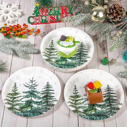 Christmas Trees Paper Plates - 7 Inch Xmas Tree Snowflake Party Dinnerware, 24 Pack - Pine Trees Variation