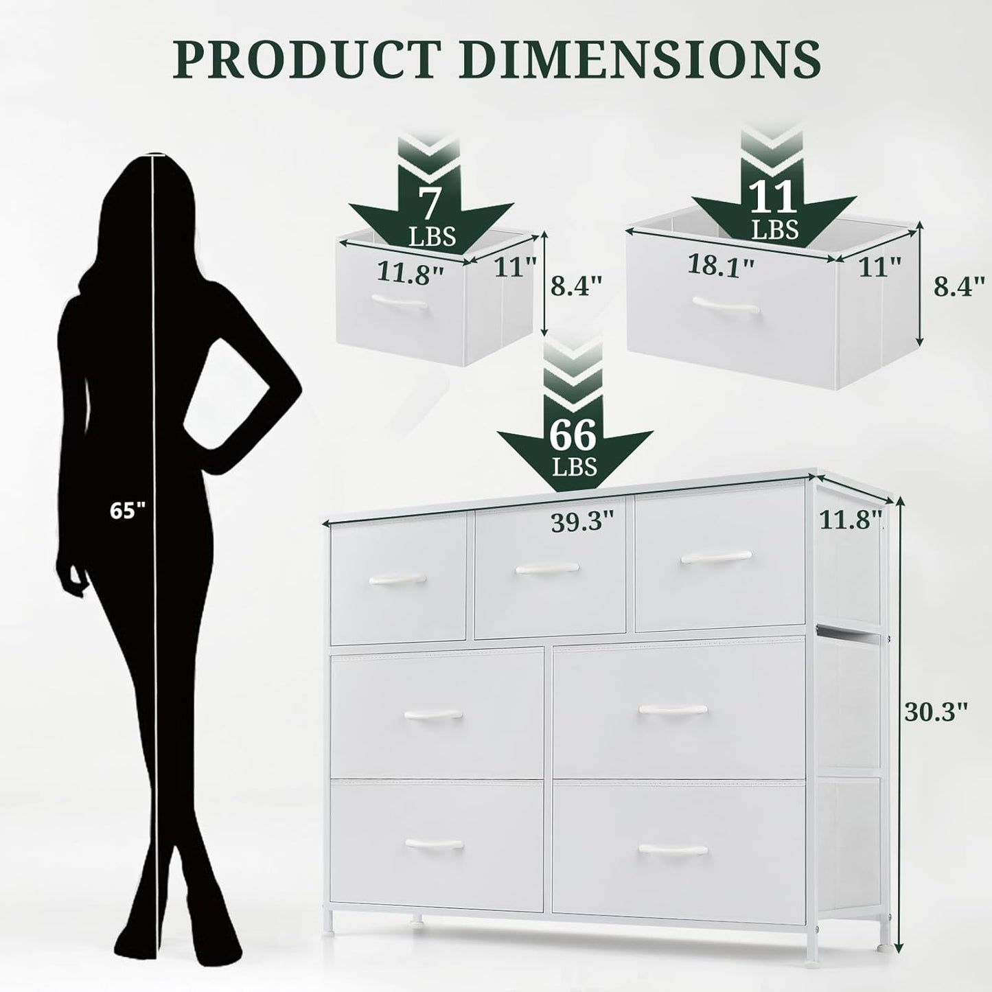 Skiennix 7-Drawer Dresser - Anti-Tip Fabric Storage Organizer with Wooden Top | White Finish for Bedroom & Living Room