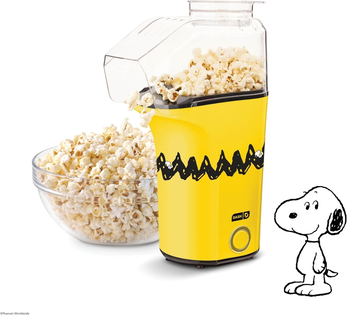 Peanuts DASH Fresh Pop Popcorn Maker - Oil-Free Air Popper with Measuring Cup & Recipe Guide - 16 Cups for Movie Nights