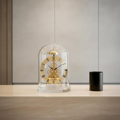 Gold Clock Mechanical Table Clock with Visible Gears, Roman Numerals, 360° Clear Dome