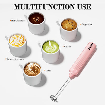 Tulevik Milk Frother Handheld, Electric Frother Wand With Stand, Coffee Frother With USB Rechargeable 3 Speeds, Mini Frother for Coffee Latte, Cappuccino, Hot Chocolate, Matcha, Egg - Pink