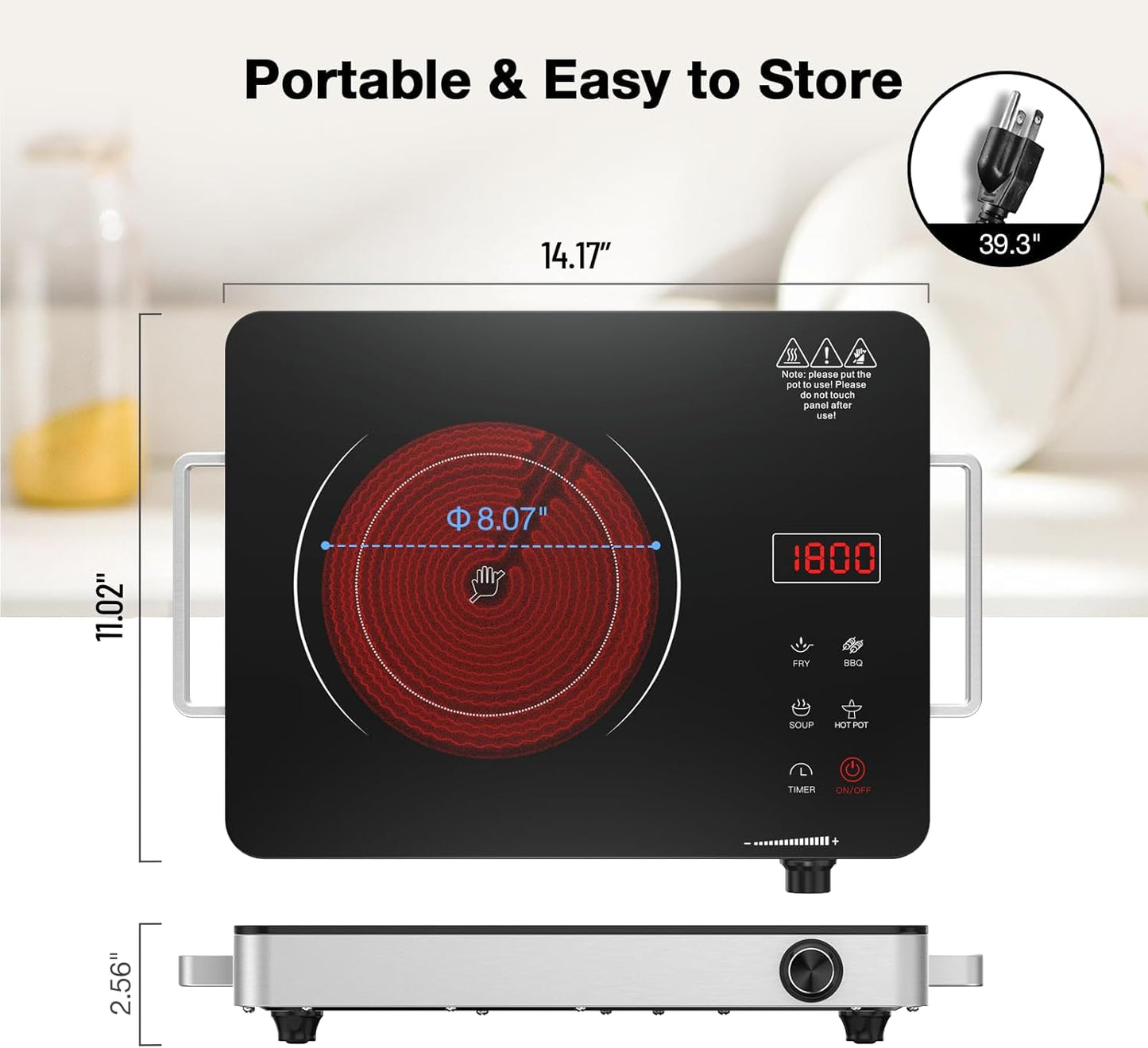 Nafewin Portable Electric Cooktop - 1800W Infrared Single Burner with Knob Control & 4-Hour Timer