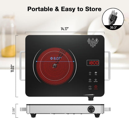 Nafewin Portable Electric Cooktop - 1800W Infrared Single Burner with Knob Control & 4-Hour Timer