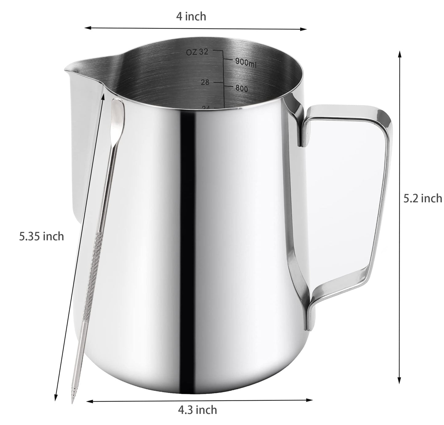 Nicunom Milk Frothing Pitcher 32oz Stainless Steel Steaming Pitcher with Decorating Art Pen, Milk Coffee Cappuccino Latte Art Barista Steam Pitchers Milk Jug Cup for Espresso Machines Latte Art