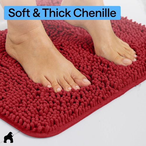 GORILLA GRIP Bath Rug Mat - Thick Soft Absorbent Chenille | Quick Dry Microfiber, 60x24, Red