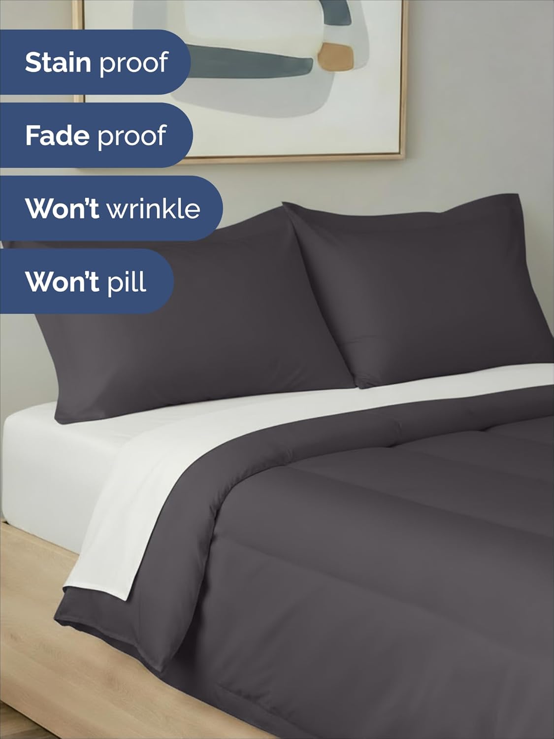 Queen Comforter Set - 3-Piece Soft Quilted Bed Set with Pillow Shams - Comfy & Breathable Dark Grey