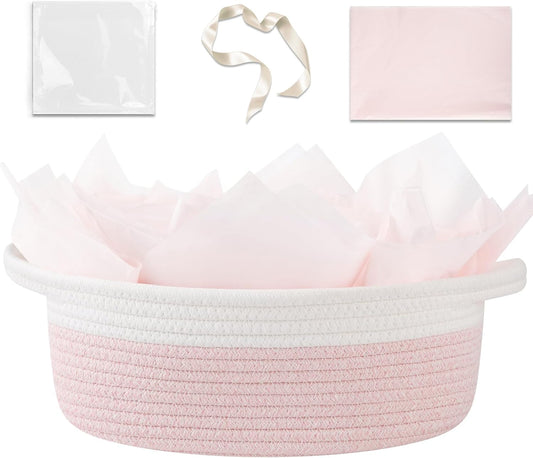 OIAHOMY Small Woven Gift Basket - 12"x8"x5" with Handle, Ribbon & Tissue Paper for Dog Toy Storage - Pink & White