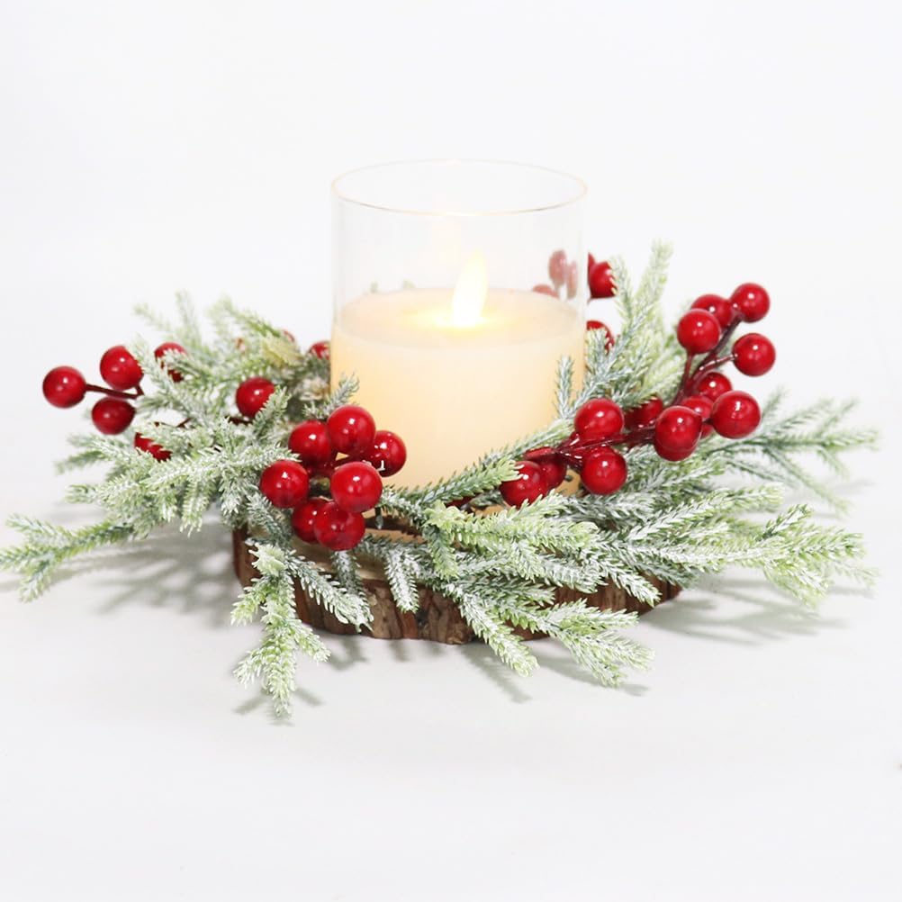 Skiennix Christmas Wreath Candle Rings - 2pcs Artificial Cedar & Cypress with Red Berries | Holiday Table Decor