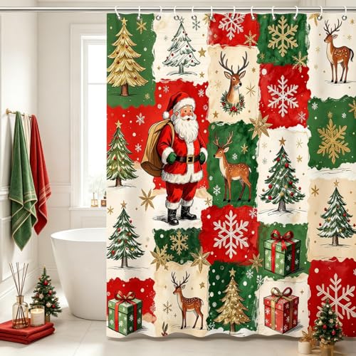 Christmas Shower Curtain with Santa Reindeer Snowflakes Holiday Trees Waterproof Fabric Red & Green 72x72 Inch Set