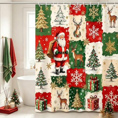 Christmas Shower Curtain with Santa Reindeer Snowflakes Holiday Trees Waterproof Fabric Red & Green 72x72 Inch Set