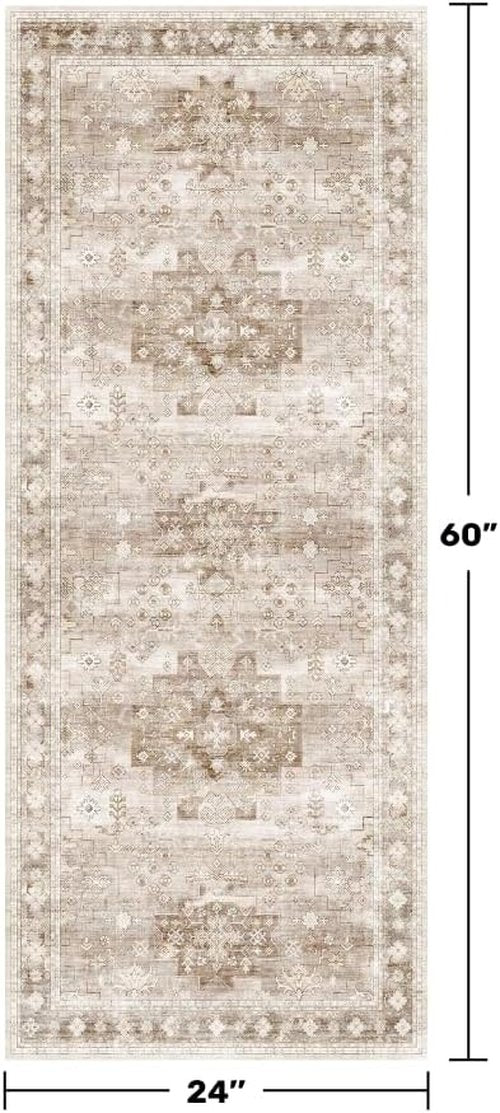 Hazo Haus Boho Bathroom Rug - Vintage Floral Design | 2x5 Non-Slip Washable Runner in Beige Latte