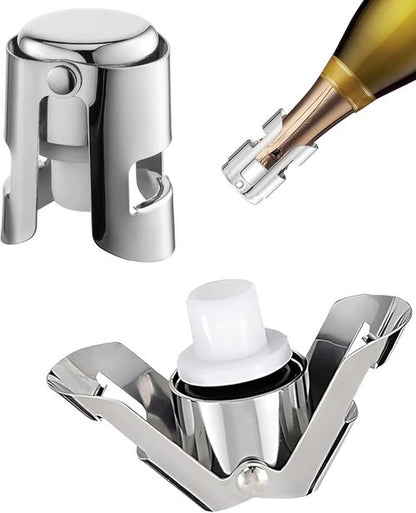Champagne Stoppers 2 Pack, Leak-Proof Stainless Steel Wine Stopper Saver with Silicone Seal Sparking Wine Saver for Cava, Prosecco and More, Silver