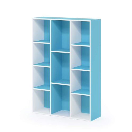 Furinno LUDER Book Shelf, 11-Cube Bookshelf, Reversible Bookcase, 9.4 x 29.1 x 41.7, Easy Assembly, for Living Room, Bedroom, Home Office, White/Light Blue