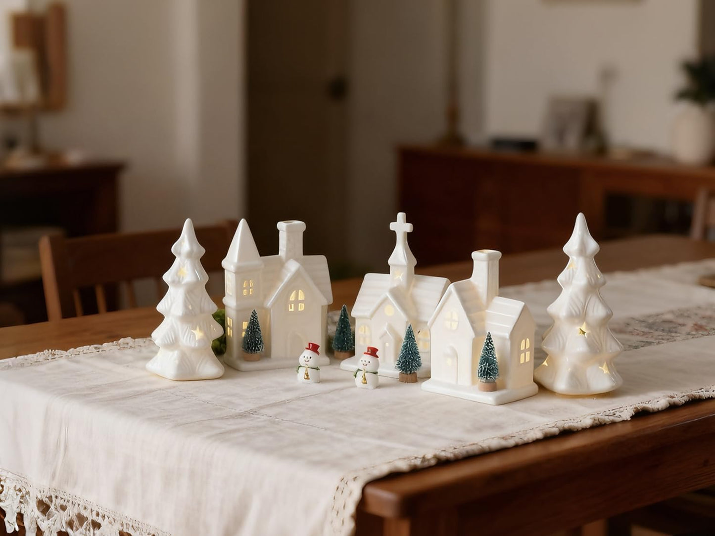 Skiennix Christmas Village Set - 11 Pcs Ceramic Decoration with 3 Lighted Houses & 2 Trees | Festive Tabletop Decor