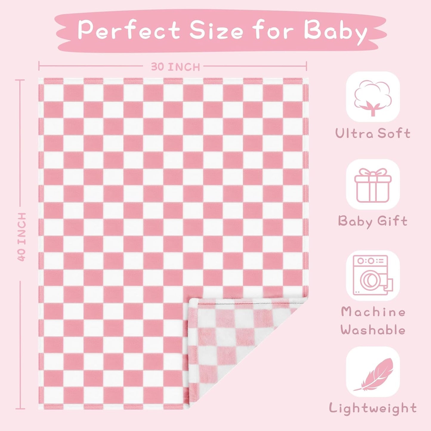 Yurhap Checkered Baby Blanket - Soft Pink Fleece for Girls & Boys | Lightweight 30''x40'' Comfort Blanket