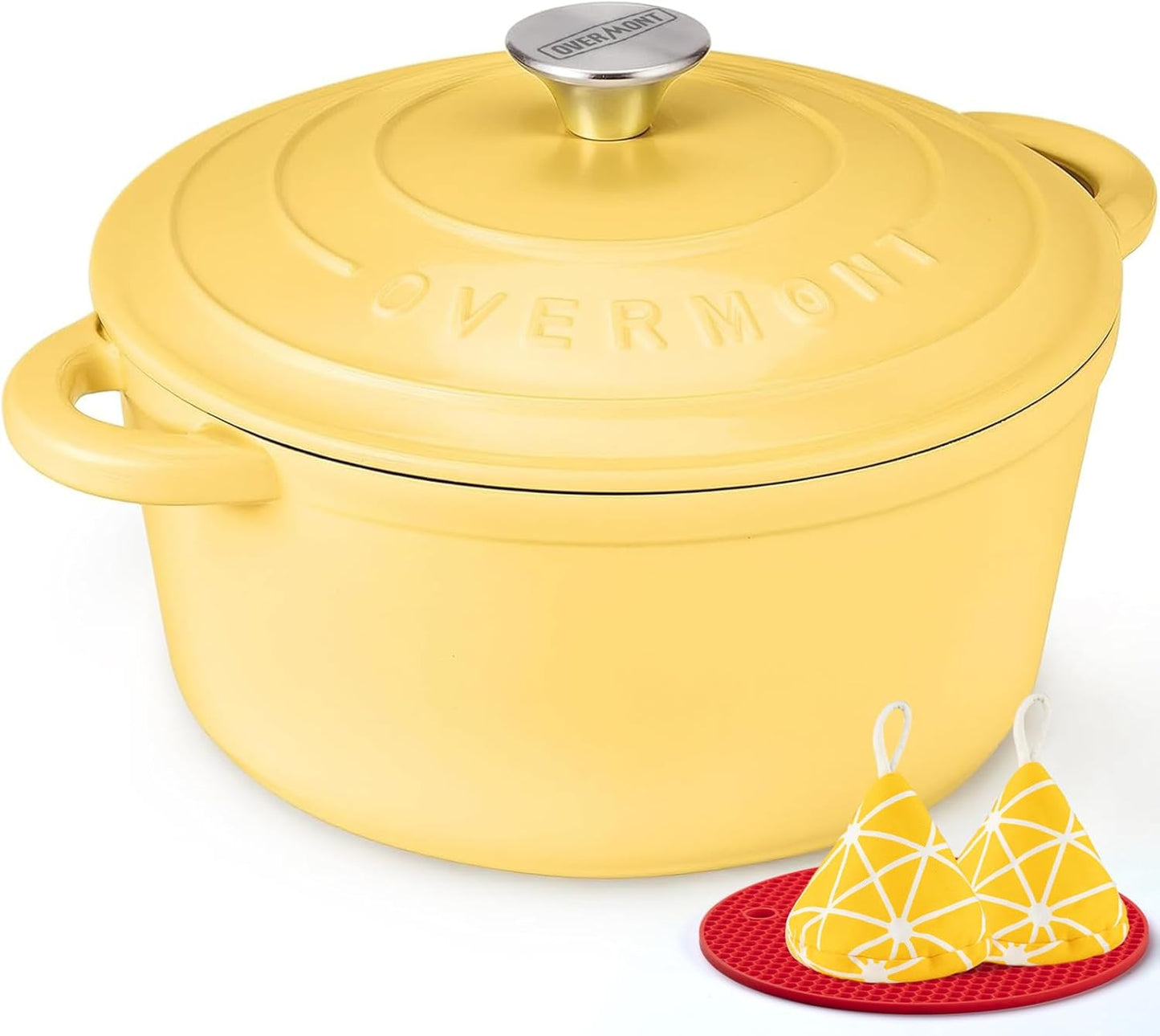 Overmont Enameled Cast Iron Dutch Oven - 5.5QT Heavy-Duty Pot with Lid & Potholders | Goose Yellow