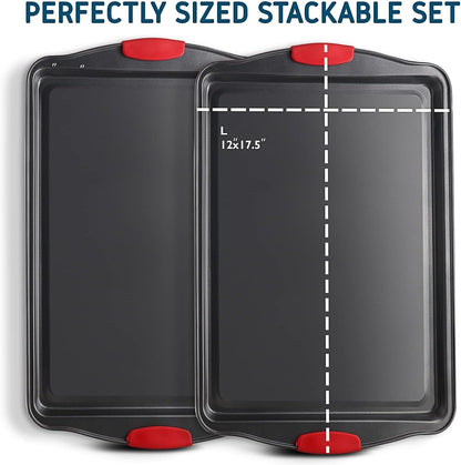 Skiennix Baking Sheet Set - 2-Piece Nonstick Cookie Sheets with Silicone Handles | BPA-Free Steel Pans