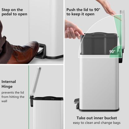 Skiennix Slim Bathroom Trash Can - 1.6 Gallon Stainless Steel with Soft Close Lid & Removable Inner Bucket