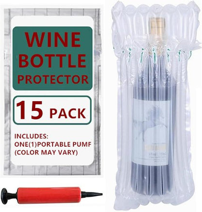 15 Packs Wine Bottle Protector Bags for Travel, goldhik Inflatable Packaging Bubble Wrap Bags for Wine Fruit Glass Bottle, Inflatable Air Column Cushion Bags with Free Pump