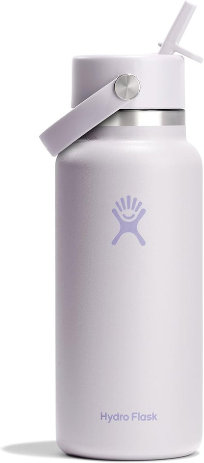 Hydro Flask Water Bottle - Insulated Stainless Steel - 32 Oz Wide Mouth with Flex Straw Lid in Sea Cloud Pink