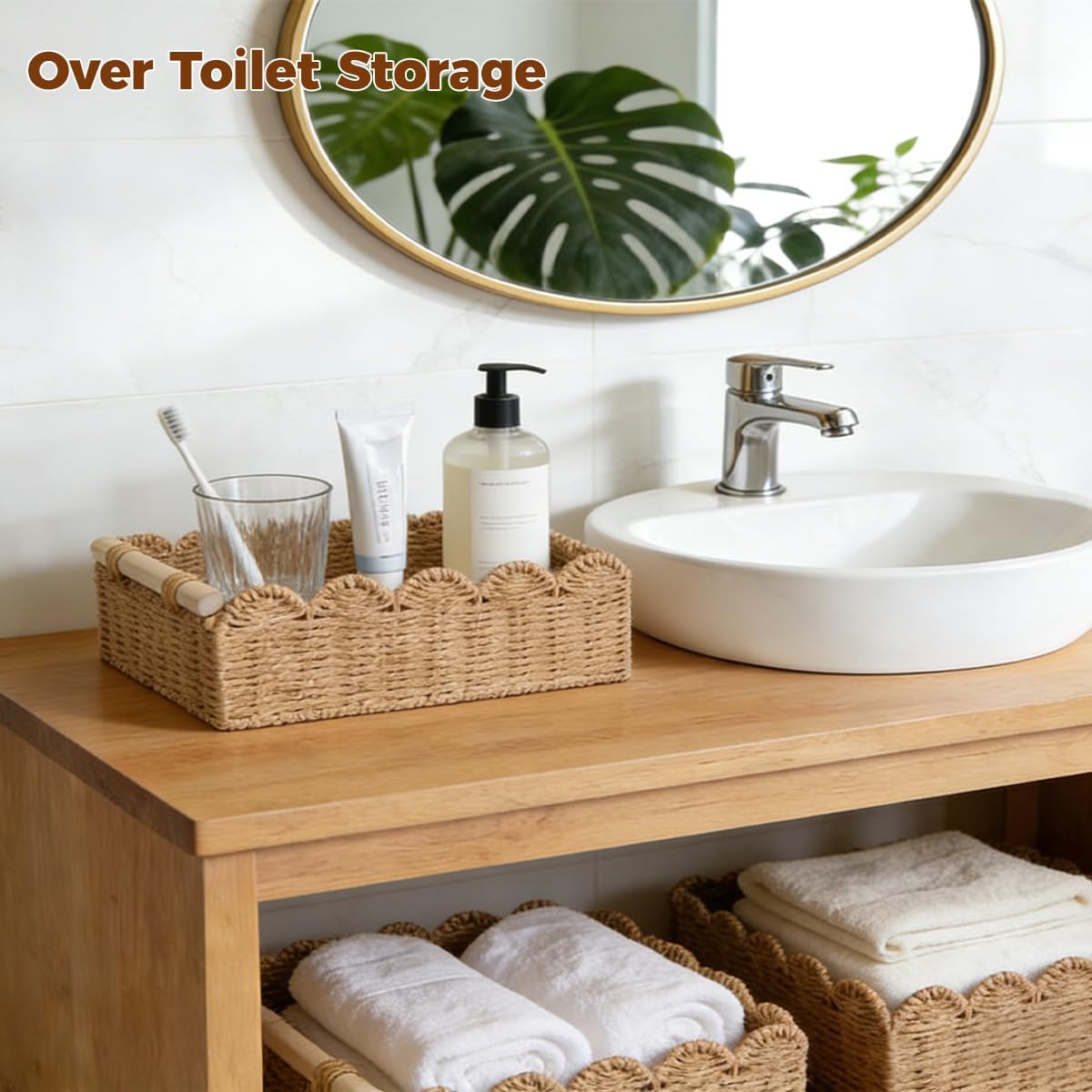 Paper Rope Scalloped Edge Toilet Paper Storage Basket - Small Living Room & Bedroom Decor with 2 Wooden Handles