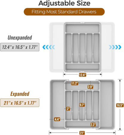 Ukeetap Extra Large Expandable Silverware Organizer - BPA-Free Cutlery Holder for Kitchen Drawers | Gray