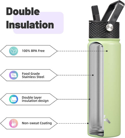 Skiennix 22oz Stainless Steel Water Bottle - Insulated with 3 Lids | Macaron Green Color
