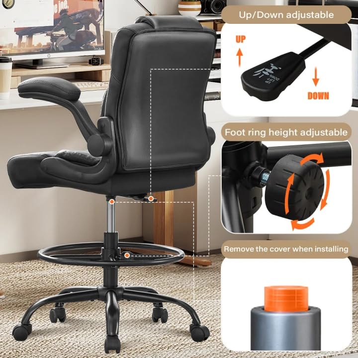 KWKSV Tall Office Drafting Chair with Flip-Up Armrests - Black