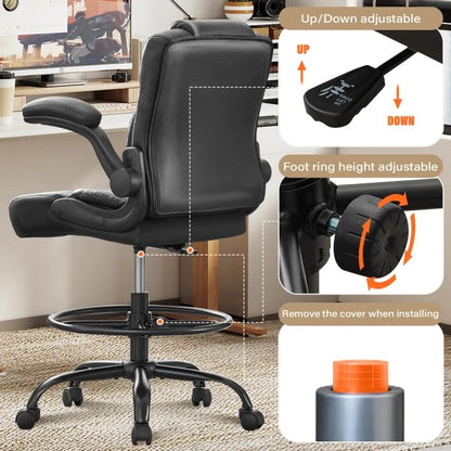 KWKSV Tall Office Drafting Chair with Flip-Up Armrests - Black