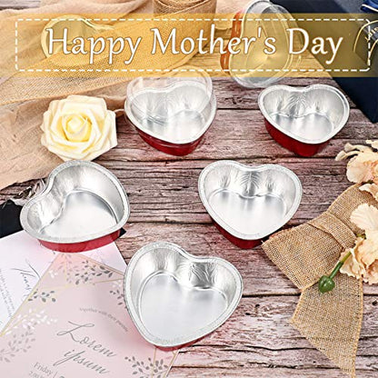 Geiserailie 200 Sets Aluminum Foil Cake Pan with Clear Lids 100 ml/ 3.4 Ounces Heart Shaped Disposable Mini Cupcake Cup Flan Baking Cups Pan for Xmas Valentine Wedding Birthday Party (Pink)