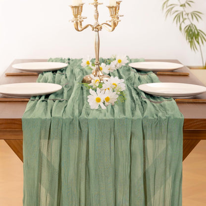 Socomi Cheesecloth Table Runner - Sage Green Boho Rustic Decor | 120 Inch for Weddings & Events