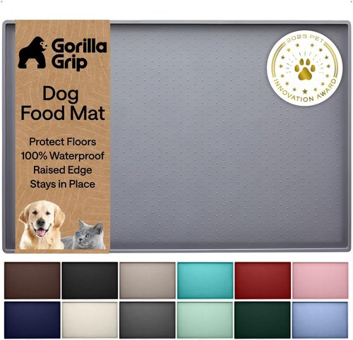 GORILLA GRIP Waterproof Silicone Pet Feeding Mat - 100% BPA Free, Spill Containment, 18.5x11.5 Gray