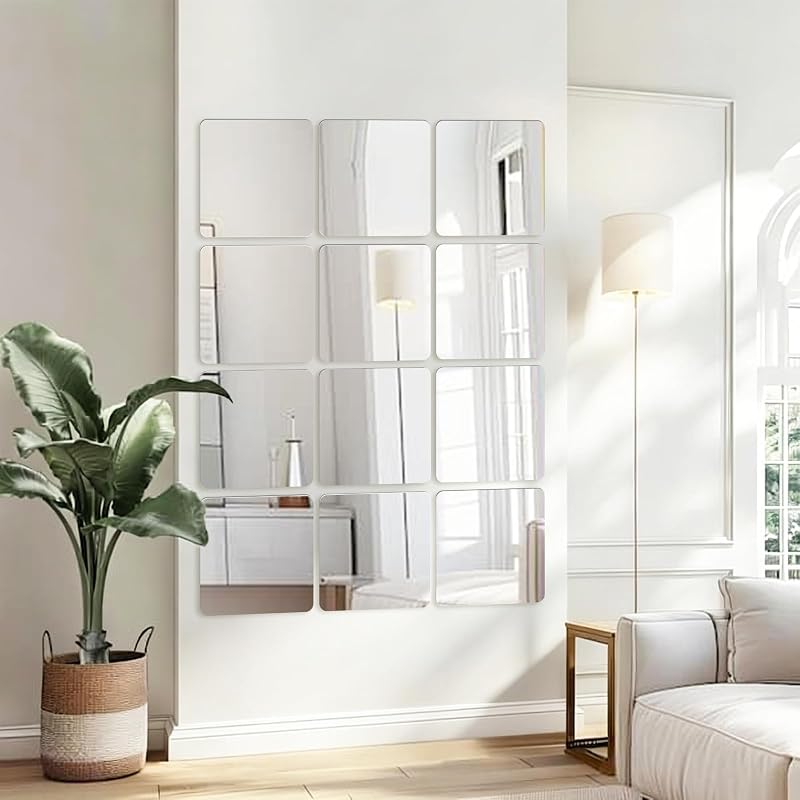 12-Inch Square Acrylic Mirror Tiles - 12Pcs Self-Adhesive Mirror Sheets for DIY Decor