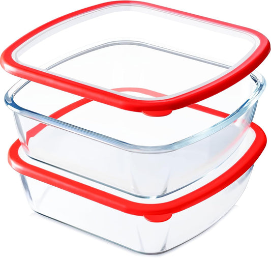 NUTRIUPS 9x9 Square Glass Baking Dish Set - Large 2.75QT Oven Safe with Lid | Red, 2 Pack