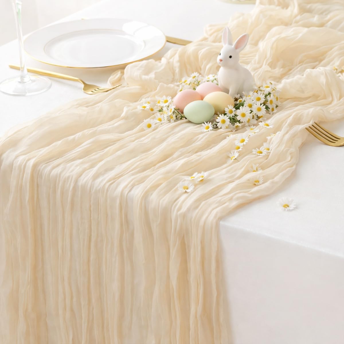 Sioloc Beige Cheesecloth Table Runner - Soft Boho Decor for Weddings & Events | 120'' x 35''