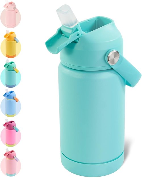 Kerilyn Kids Water Bottle - 12oz Stainless Steel Insulated Cup with Straws | Leak-Proof, BPA Free, Green