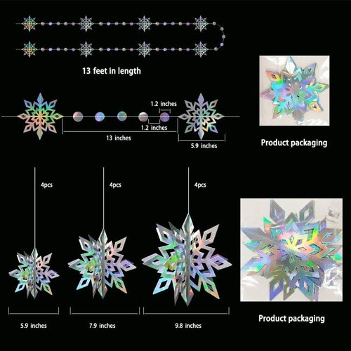 Cheerland Iridescent Snowflake Garland - Holographic 3D Streamers for Winter Wonderland Party Decor