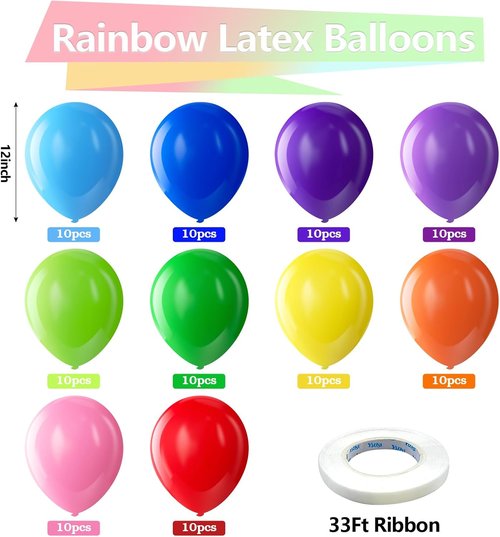 Bezente Rainbow Latex Balloons - 100 Pack with Adjustable 6.6ft Balloon Column Stand Kit