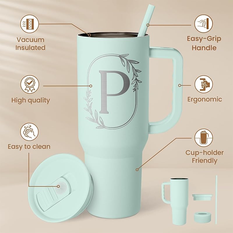 Personalized Monogram Tumbler with Handle - 40oz (Letter P) Insulated Travel Cup