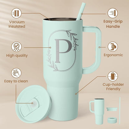 Personalized Monogram Tumbler with Handle - 40oz (Letter P) Insulated Travel Cup